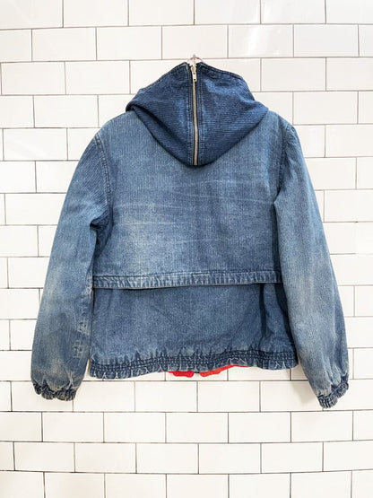 vintage 90s andy johns hooded denim vest jacket combo | flannel lined - good market thrift store