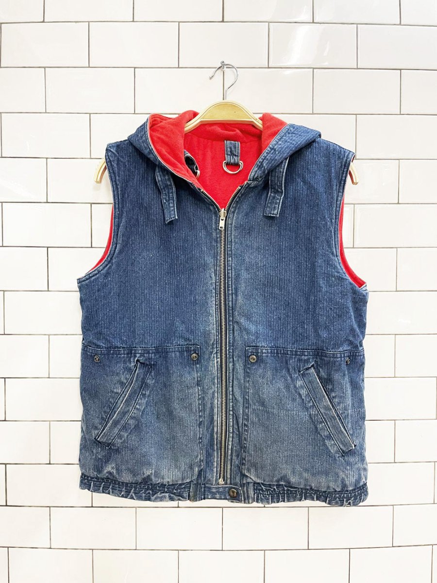 vintage 90s andy johns hooded denim vest jacket combo | flannel lined - good market thrift store