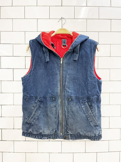 vintage 90s andy johns hooded denim vest jacket combo | flannel lined - good market thrift store
