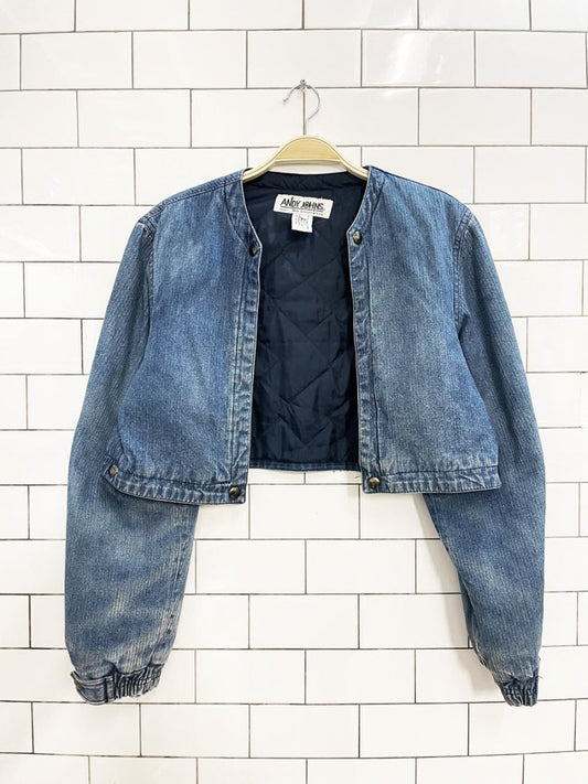 vintage 90s andy johns hooded denim vest jacket combo | flannel lined - good market thrift store