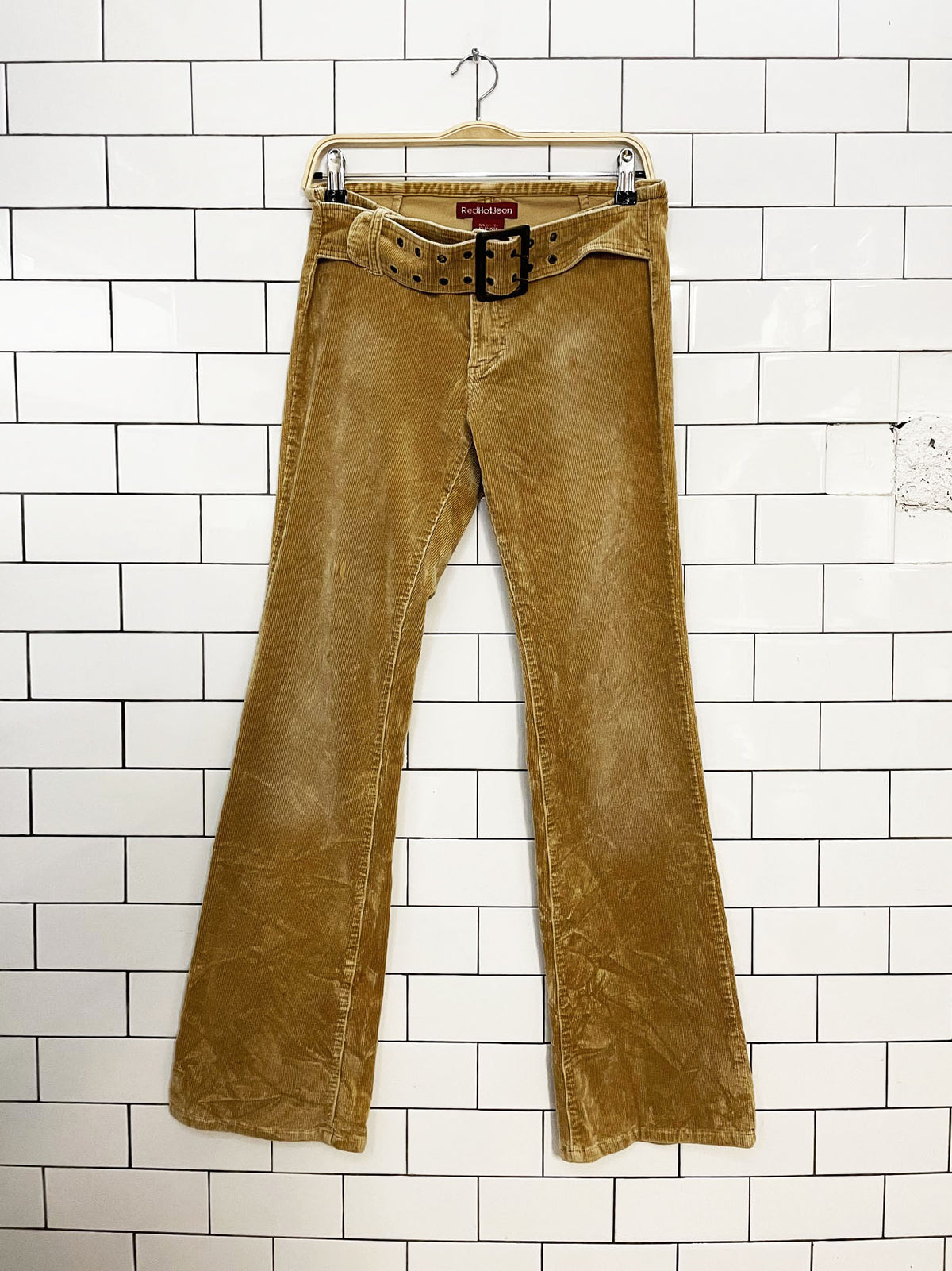 y2k redhotjean low rise belted corduroy stretchy flare pants