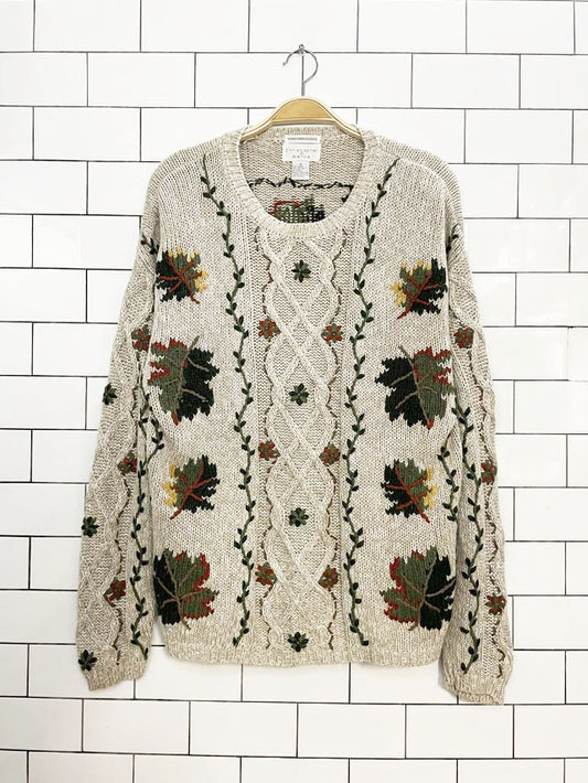 vintage christopher & banks ramie-blend hand-embroidered autumn knit sweater