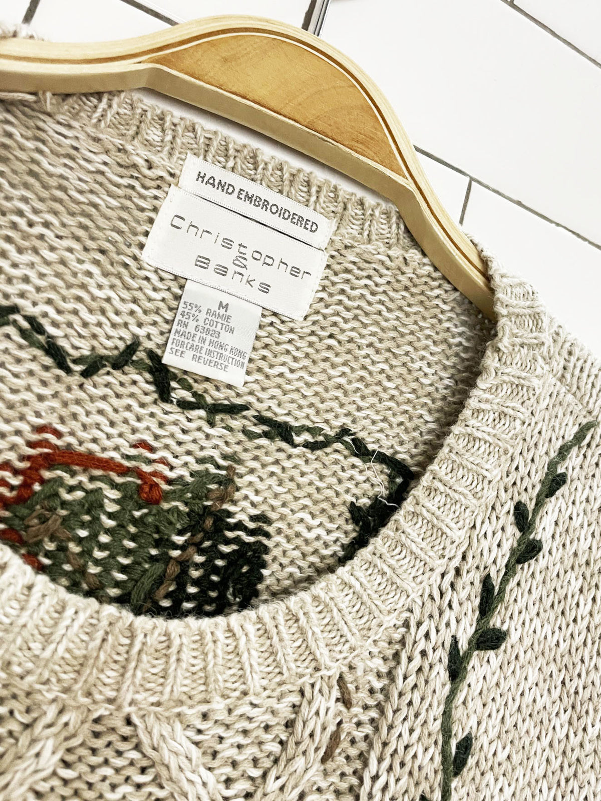 vintage christopher & banks ramie-blend hand-embroidered autumn knit sweater