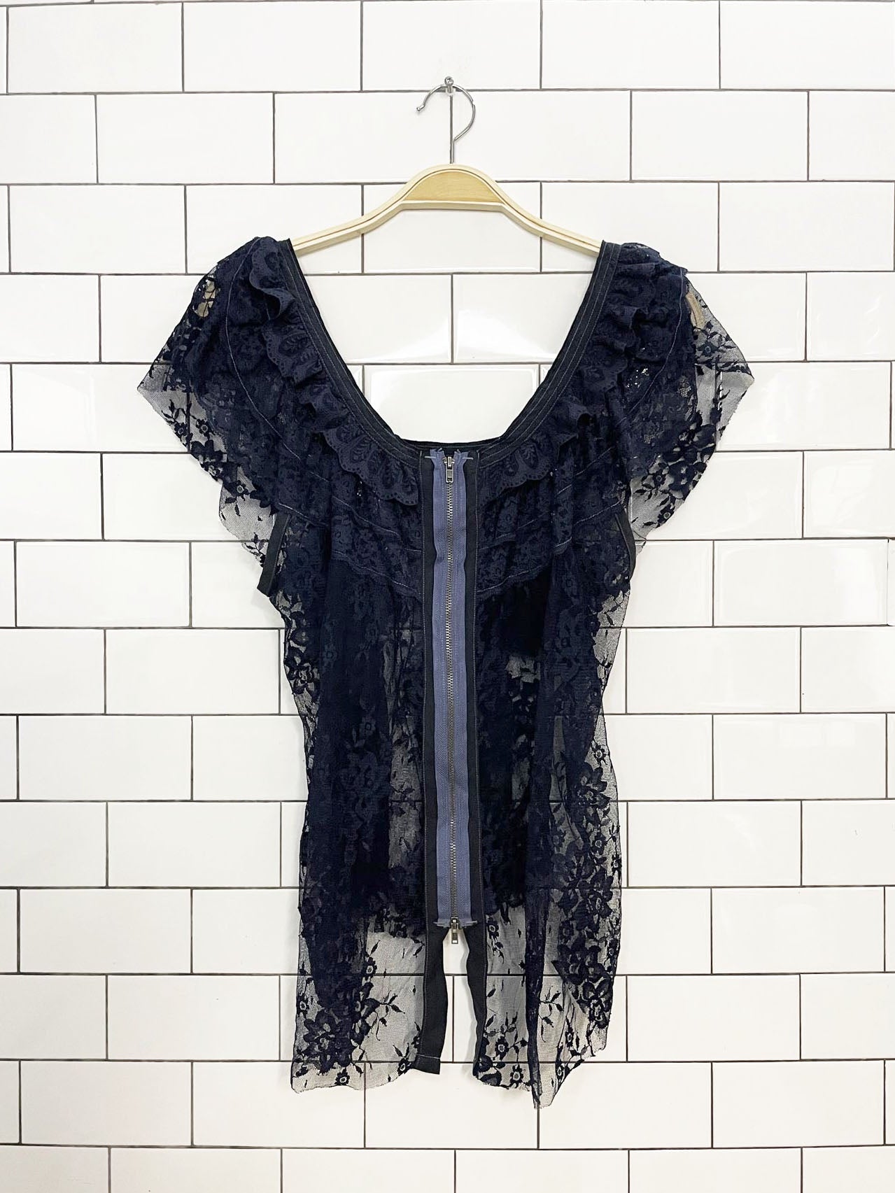 y2k free people fly away sheer tiered lace ruffle sleeve top