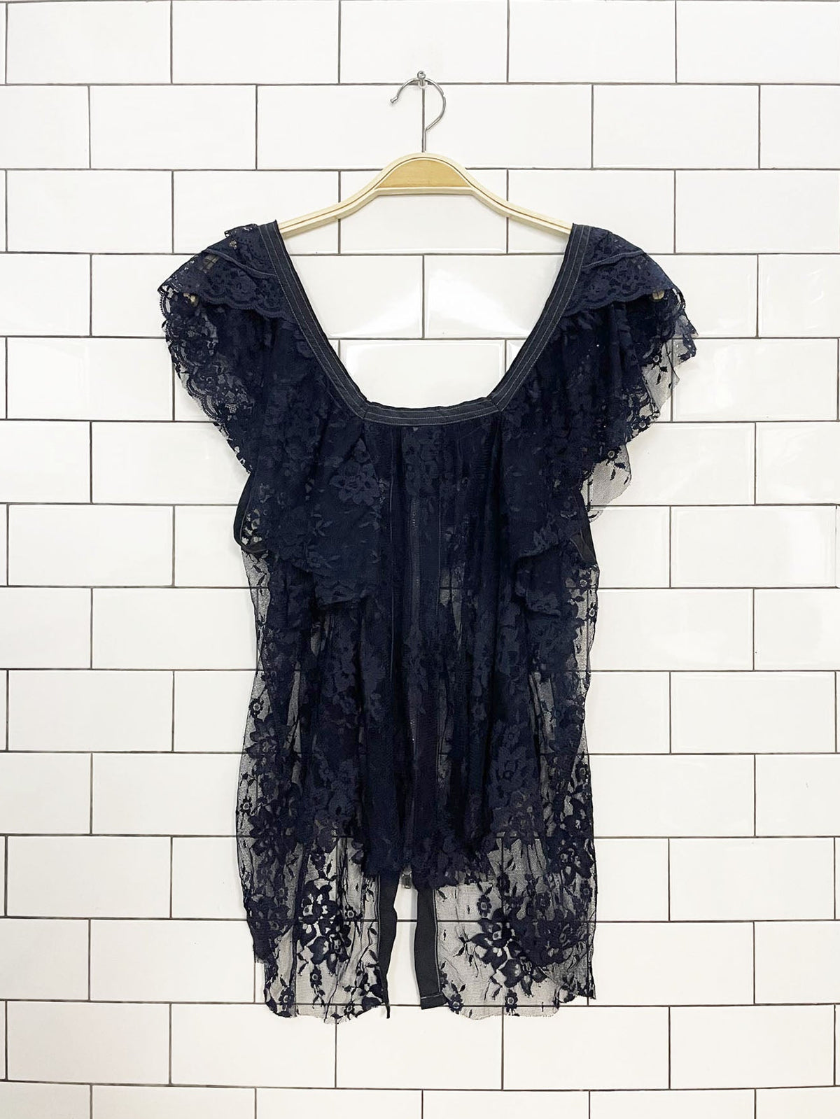 y2k free people fly away sheer tiered lace ruffle sleeve top