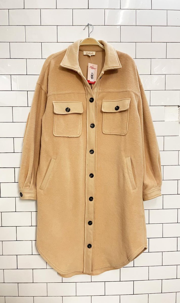 listicle oversized reverse fleece long shirt jacket - good market thrift store