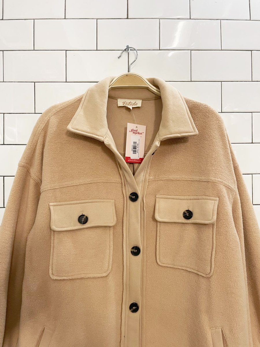 listicle oversized reverse fleece long shirt jacket - good market thrift store