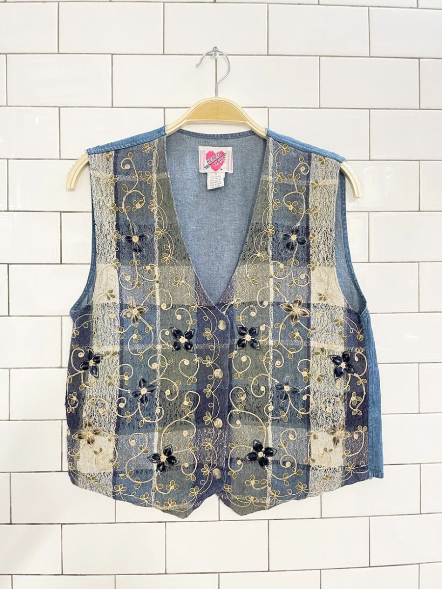 vintage 90s keren hart velvet flower embroidered plaid denim vest | made in India - good market thrift store