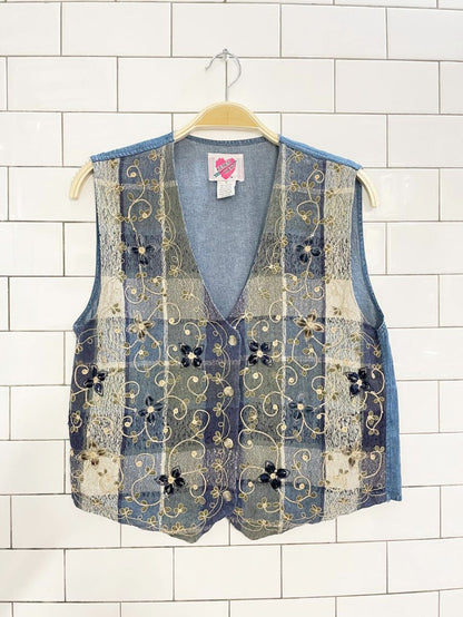 vintage 90s keren hart velvet flower embroidered plaid denim vest | made in India - good market thrift store