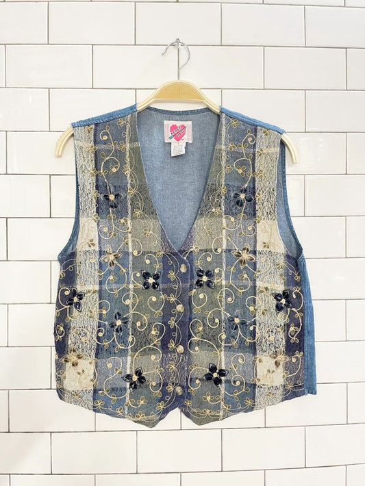 vintage 90s keren hart velvet flower embroidered plaid denim vest | made in India - good market thrift store