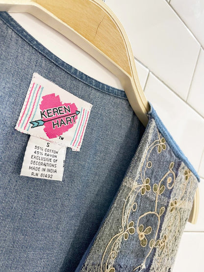 vintage 90s keren hart velvet flower embroidered plaid denim vest | made in India - good market thrift store