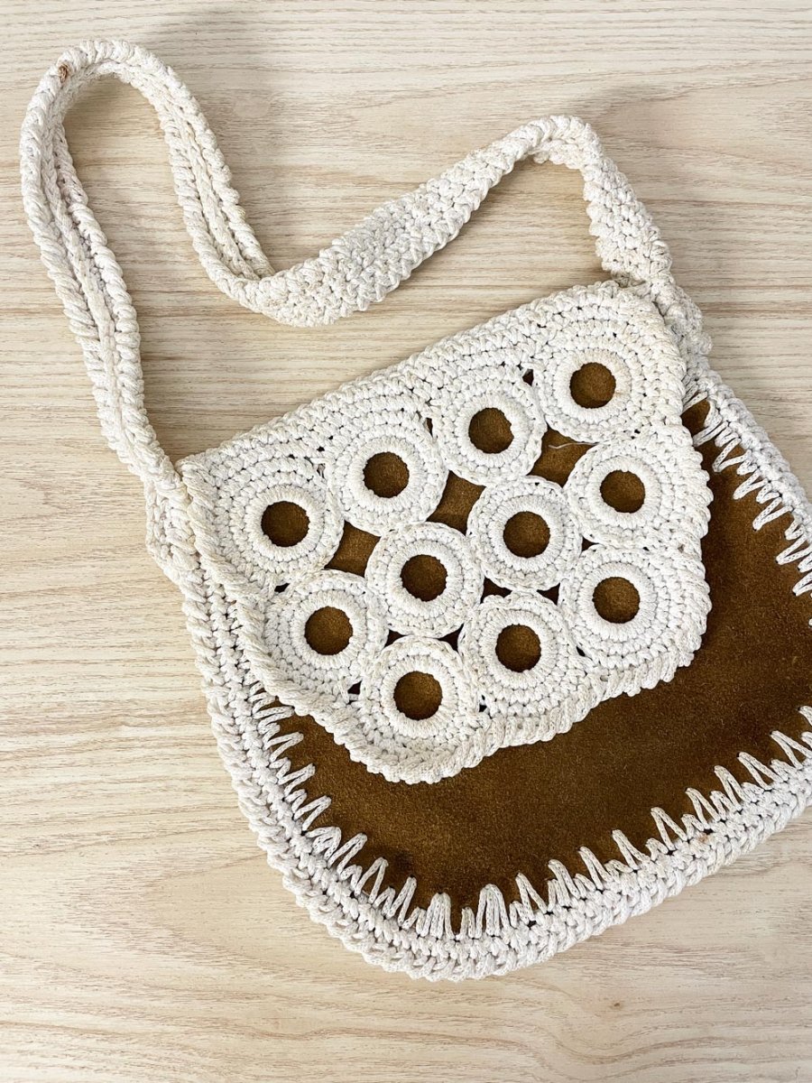 vintage 70s crochet trim suede bag - good market thrift store