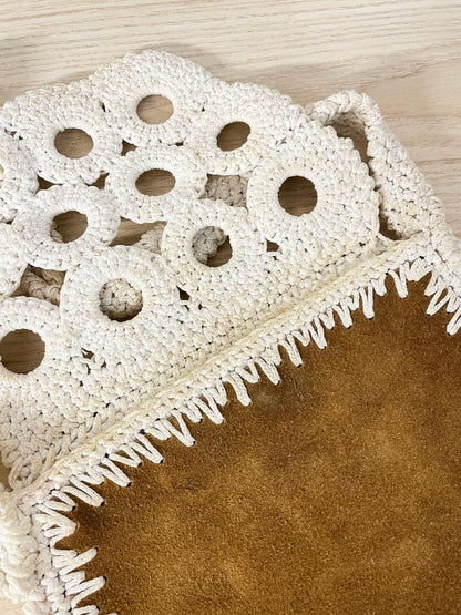 vintage 70s crochet trim suede bag - good market thrift store