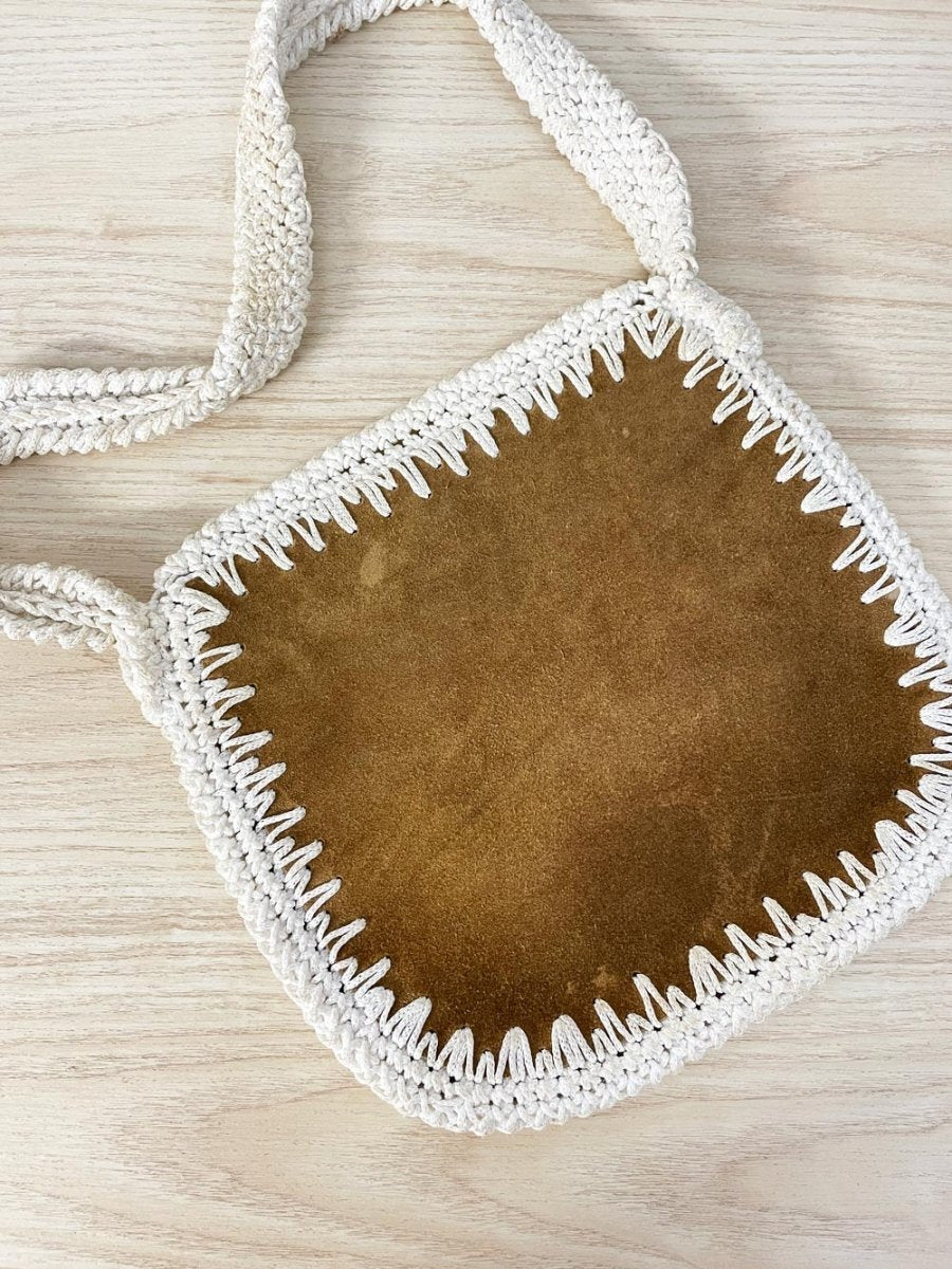 vintage 70s crochet trim suede bag - good market thrift store