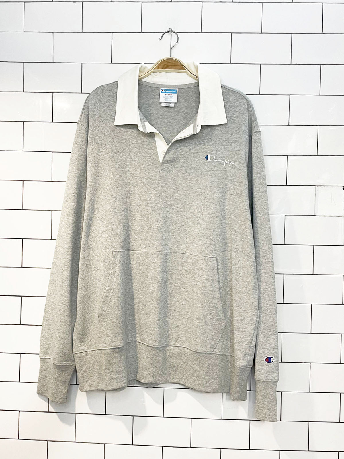vintage 00s champion oversized rugby kangaroo pocket long sleeve shirt