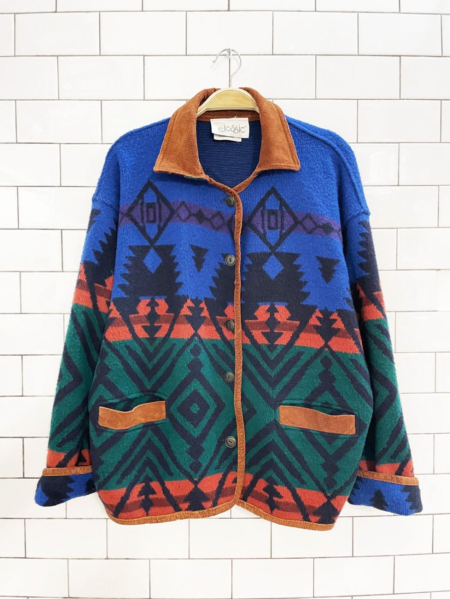 vintage jessie wool - blend suede trim southwestern knit jacket - good market thrift store