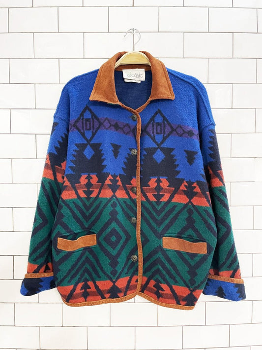 vintage jessie wool - blend suede trim southwestern knit jacket - good market thrift store
