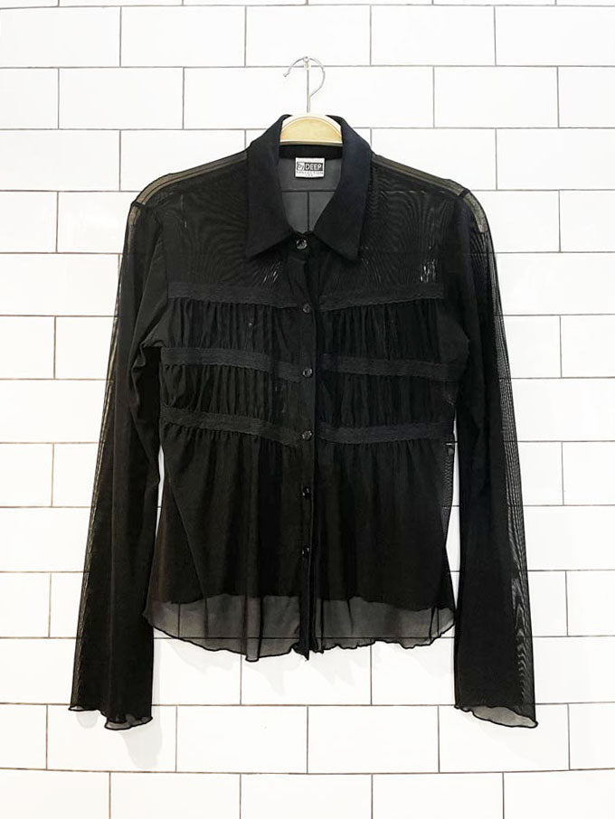 vintage by deep collection USA sheer tiered belle sleeve full button shirt
