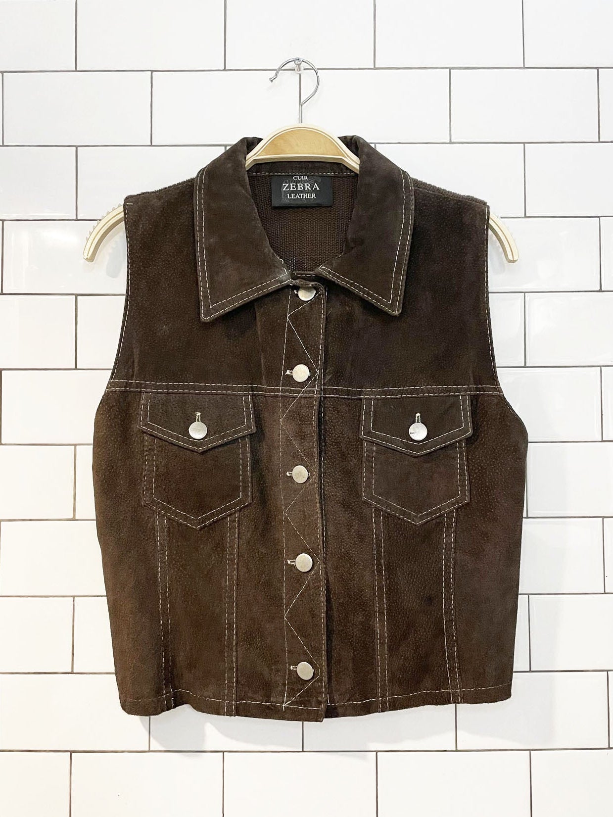 vintage zebra suede contrast stitch knit back vest top | made in canada