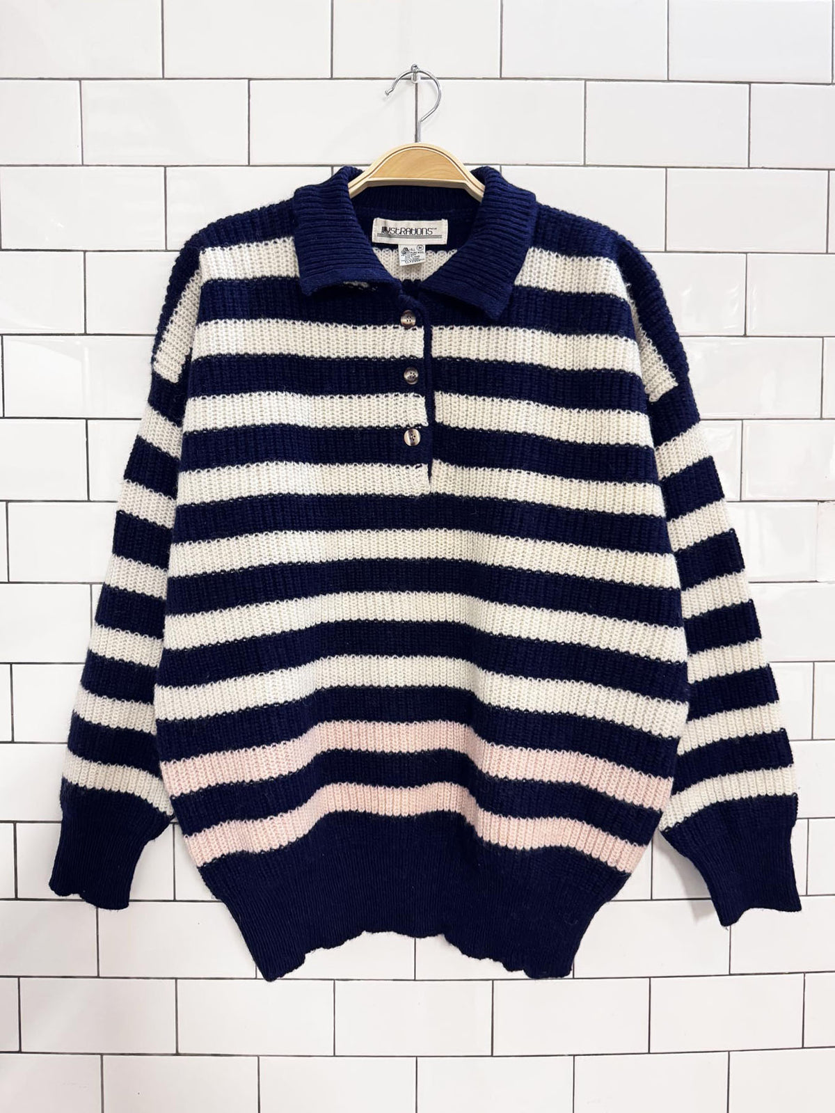 vintage 80s illustrations 100% shetland wool ribbed stripe collared sweater