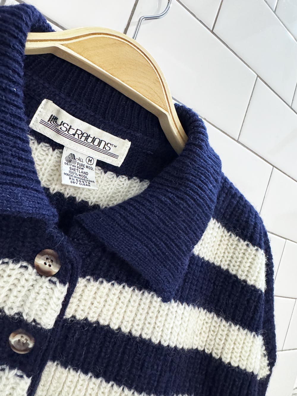 vintage 80s illustrations 100% shetland wool ribbed stripe collared sweater