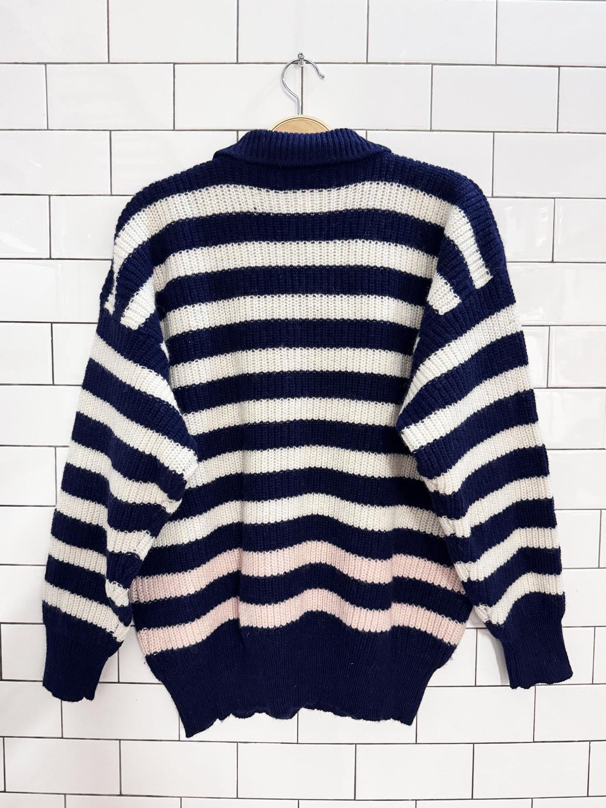 vintage 80s illustrations 100% shetland wool ribbed stripe collared sweater