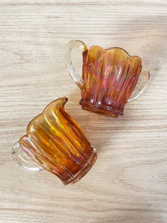 x2 vintage carnival glass irredescant creamer + sugar bowl set - good market thrift store