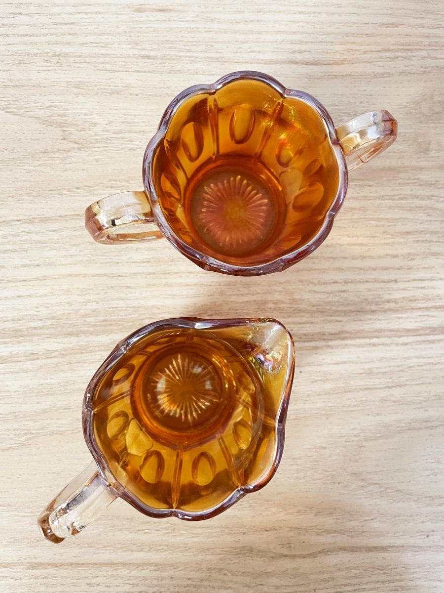 x2 vintage carnival glass irredescant creamer + sugar bowl set - good market thrift store