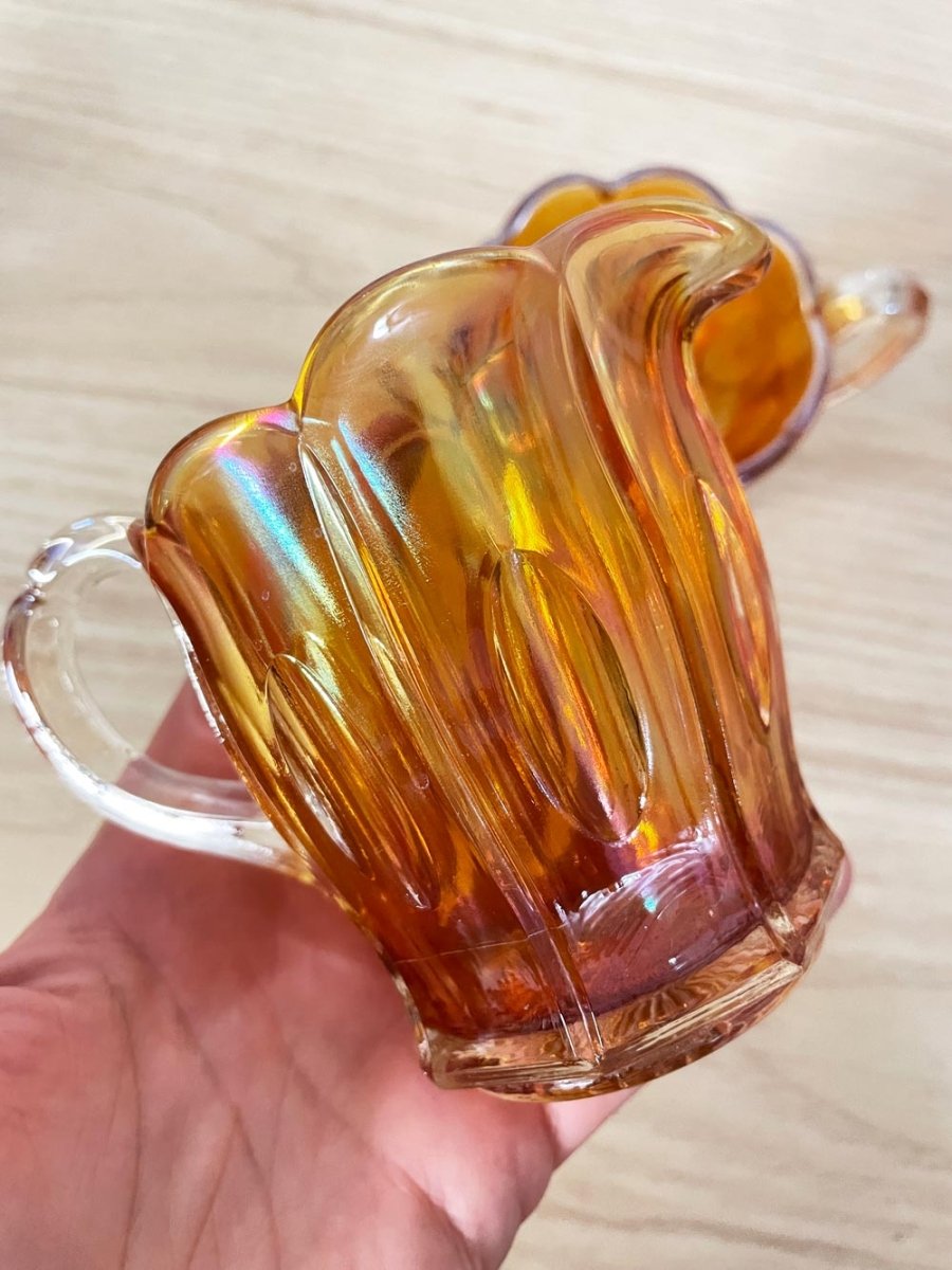 x2 vintage carnival glass irredescant creamer + sugar bowl set - good market thrift store