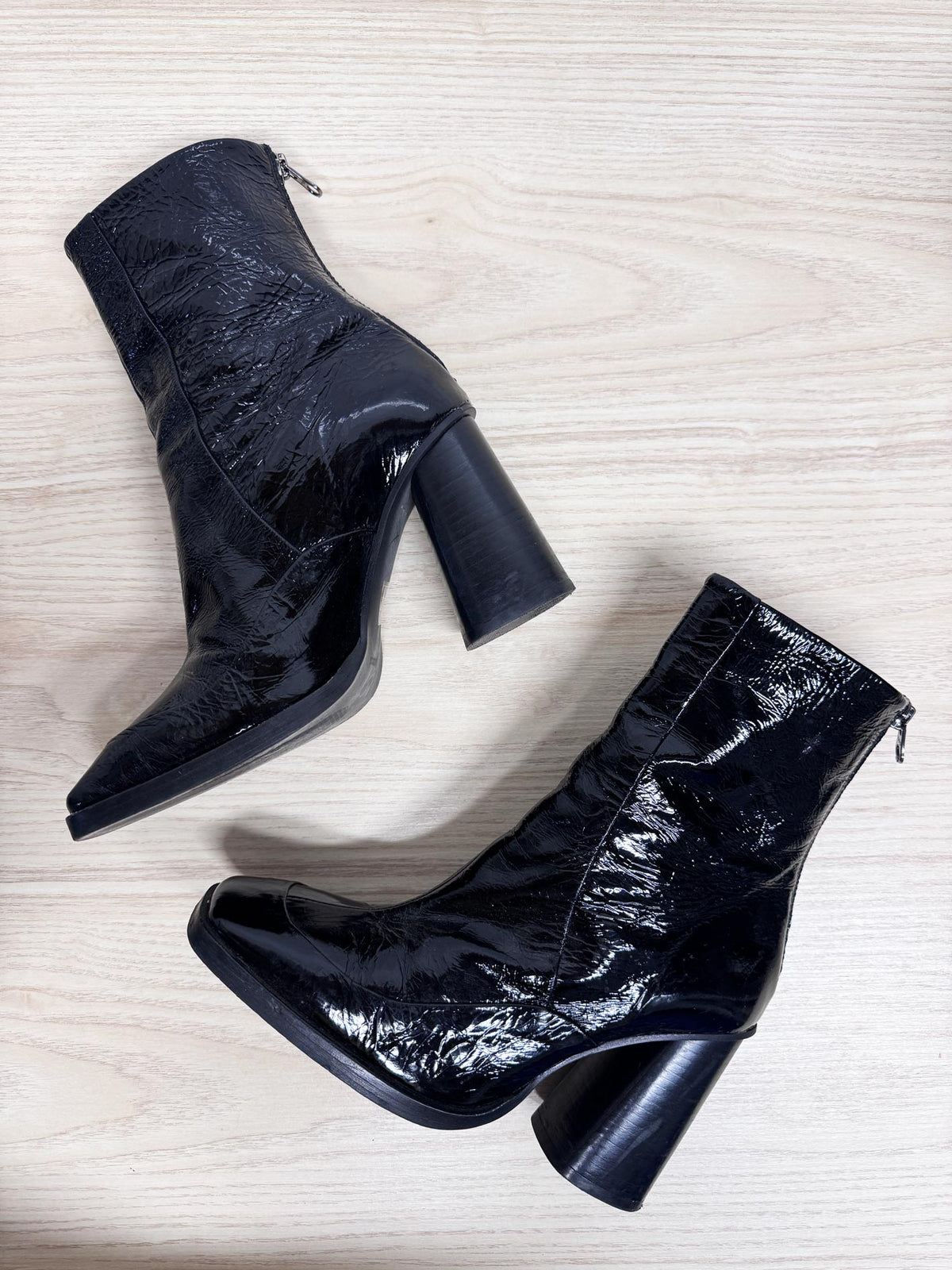 l'intervalle naplack leather patent square toe heeled boots | made in Spain