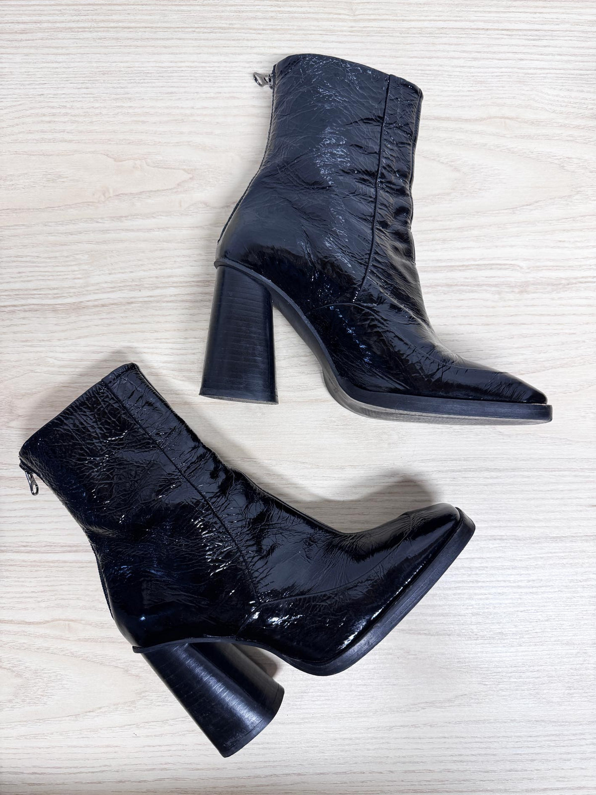 l'intervalle naplack leather patent square toe heeled boots | made in Spain