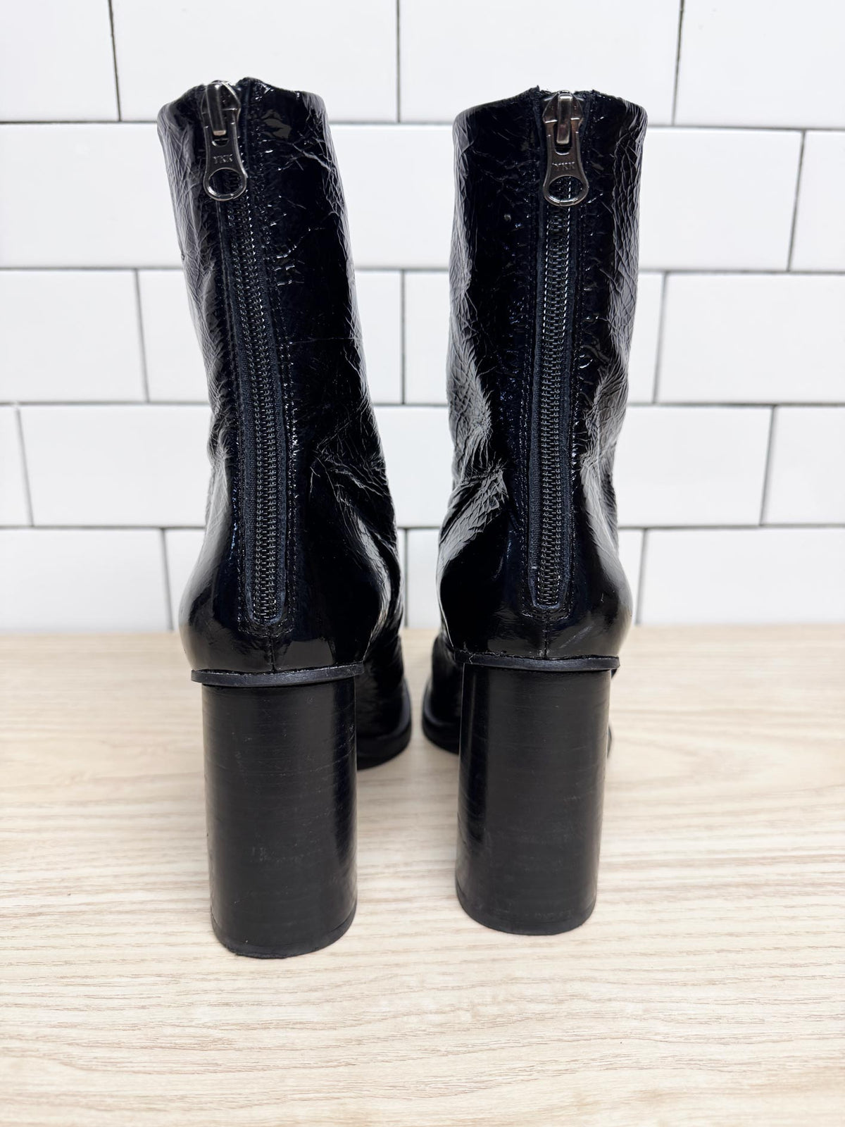l'intervalle naplack leather patent square toe heeled boots | made in Spain