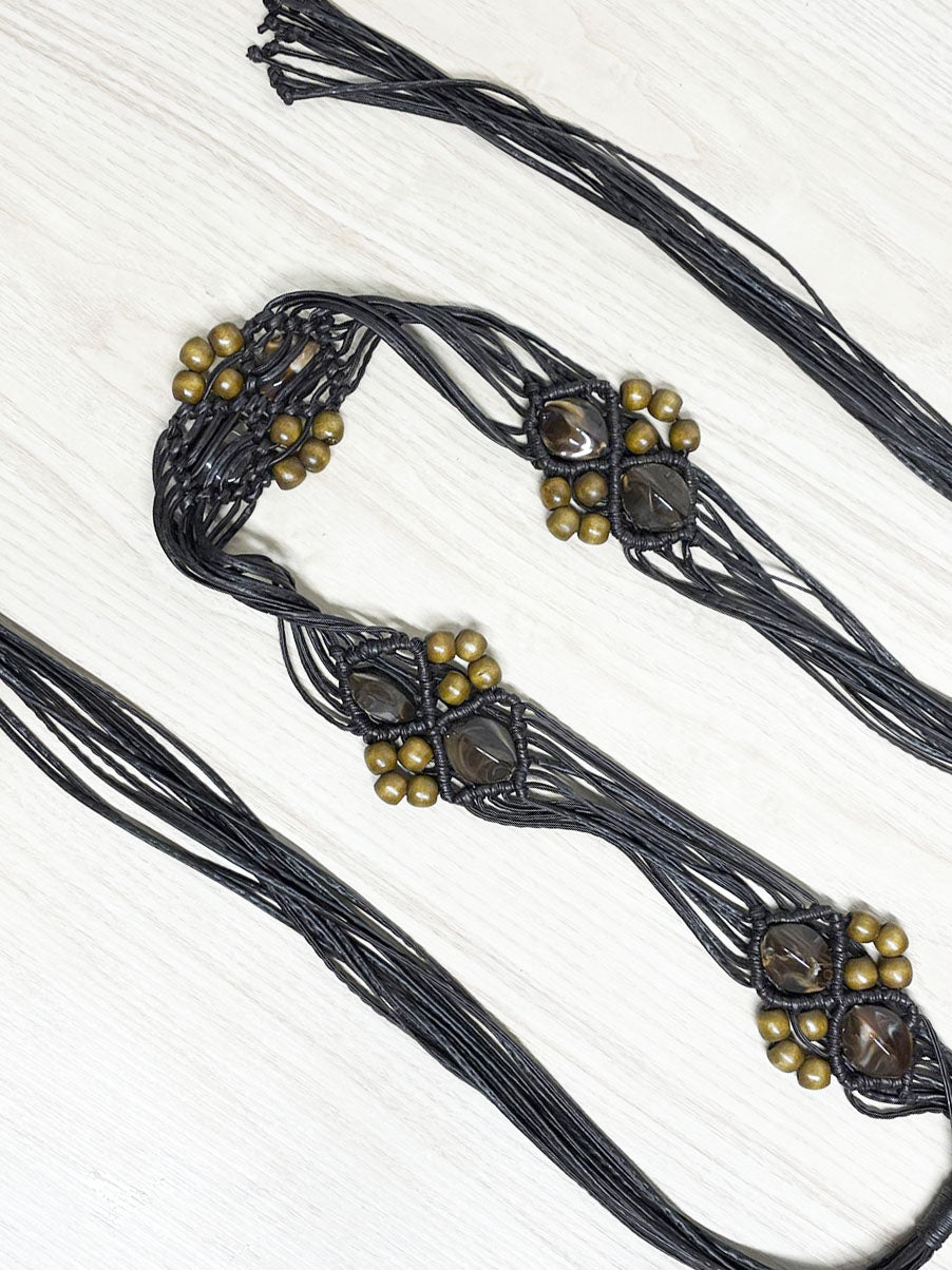 y2k boho beaded faux leather tie waist belt