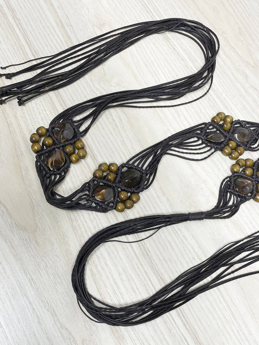 y2k boho beaded faux leather tie waist belt