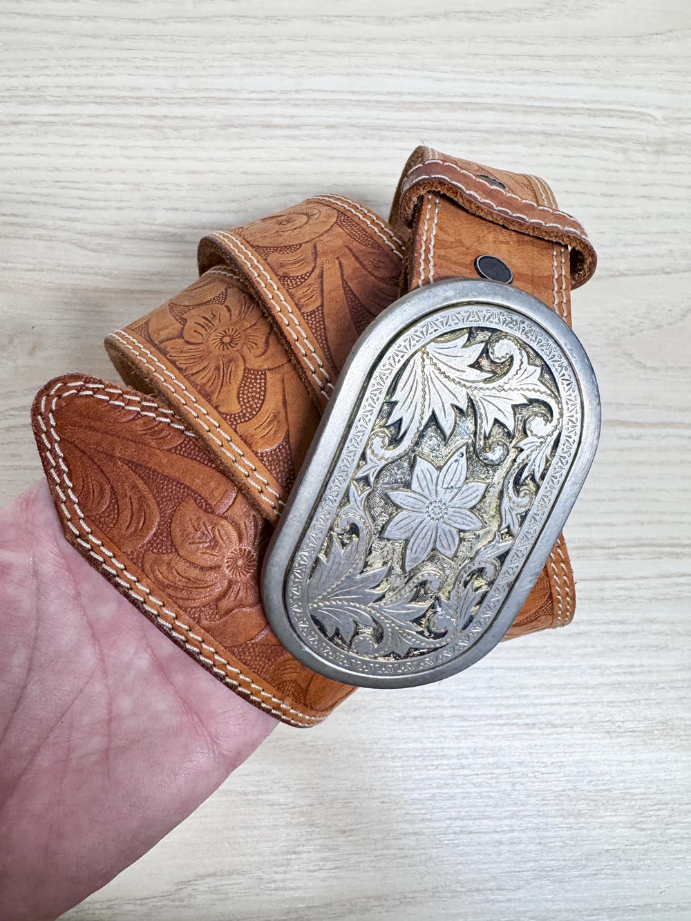 vintage wild rose floral buckle tooled leather belt | JA sheldon