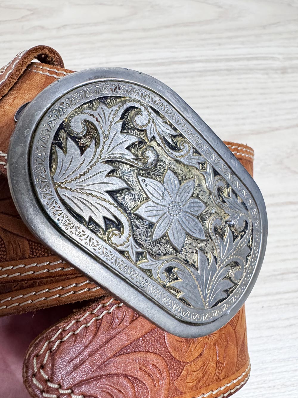 vintage wild rose floral buckle tooled leather belt | JA sheldon