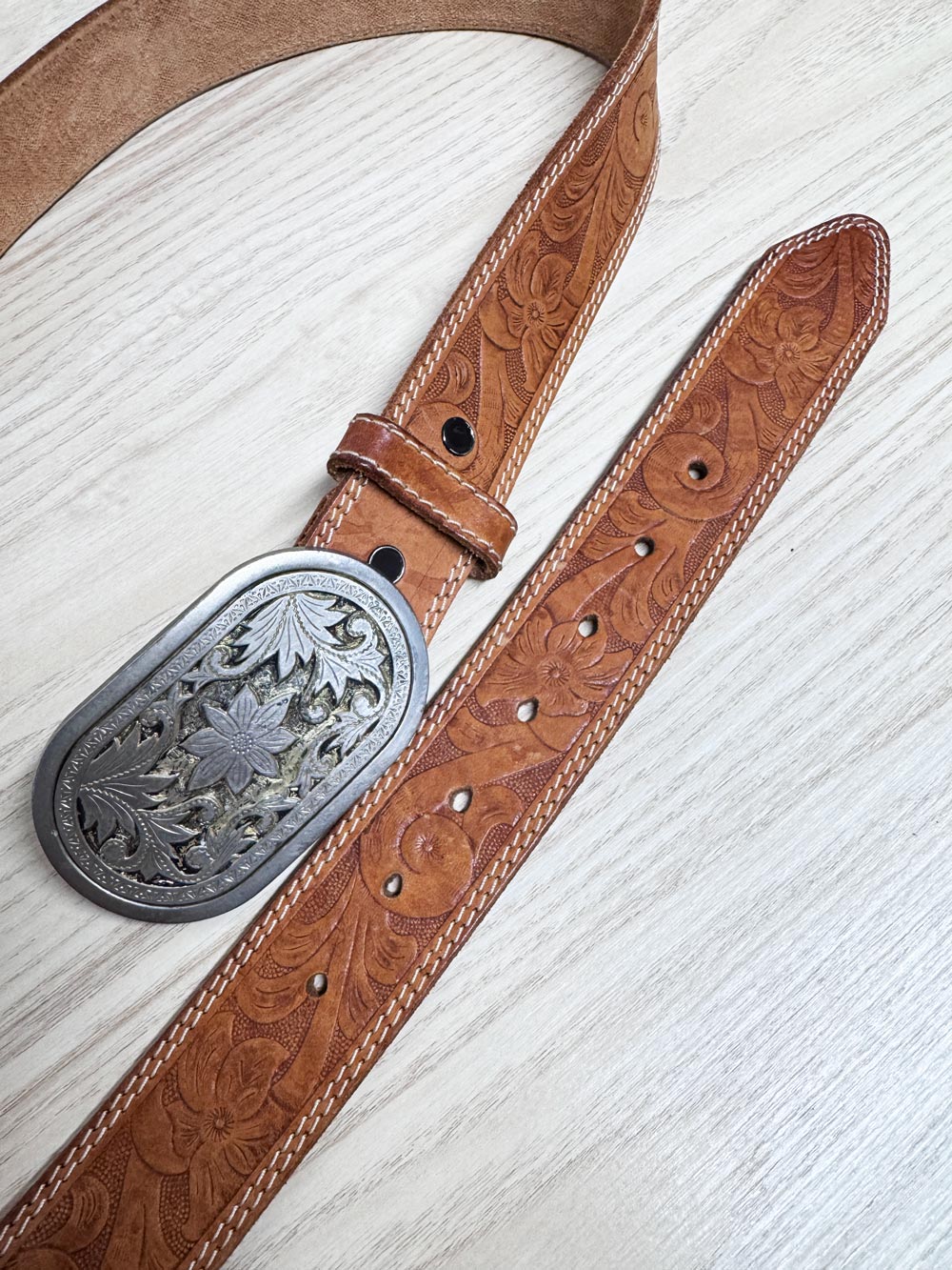 vintage wild rose floral buckle tooled leather belt | JA sheldon