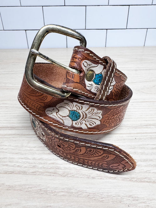 vintage custom leather floral tooled leather belt | made in Canada