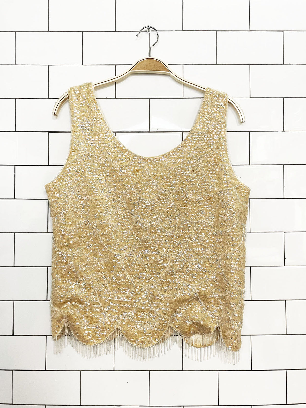 vintage sequin scale fringe wool knit sleeveless top