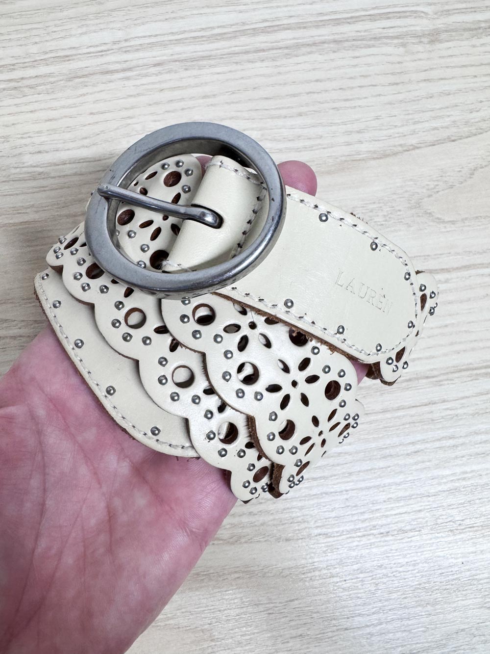 vintage 00s lauren RL leather + brass buckle studded laser cut belt | ralph lauren