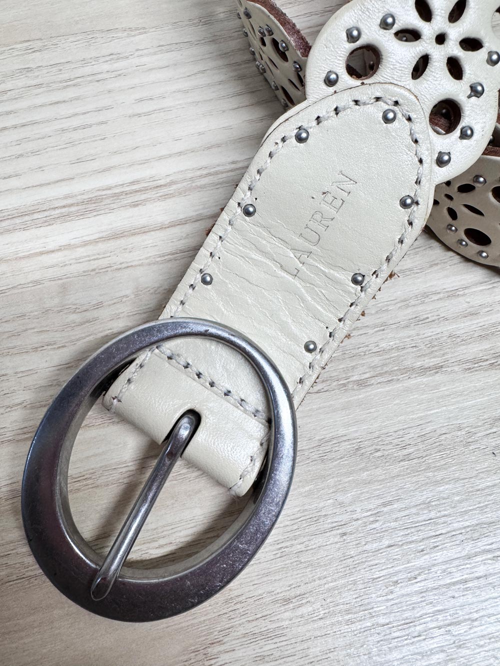 vintage 00s lauren RL leather + brass buckle studded laser cut belt | ralph lauren