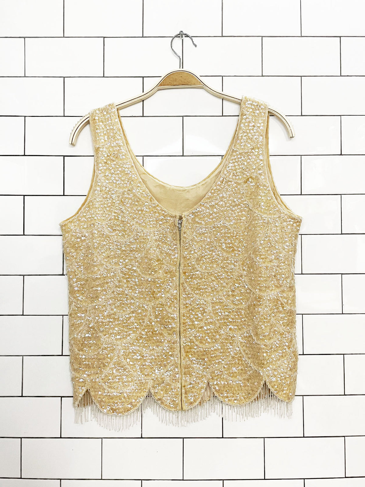 vintage sequin scale fringe wool knit sleeveless top