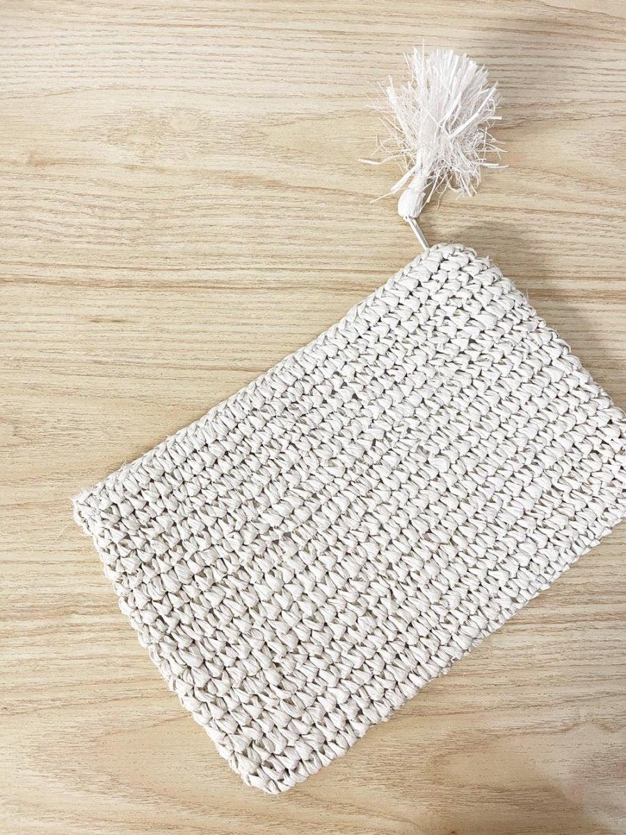 straw summer clutch with tassel zipper - good market thrift store