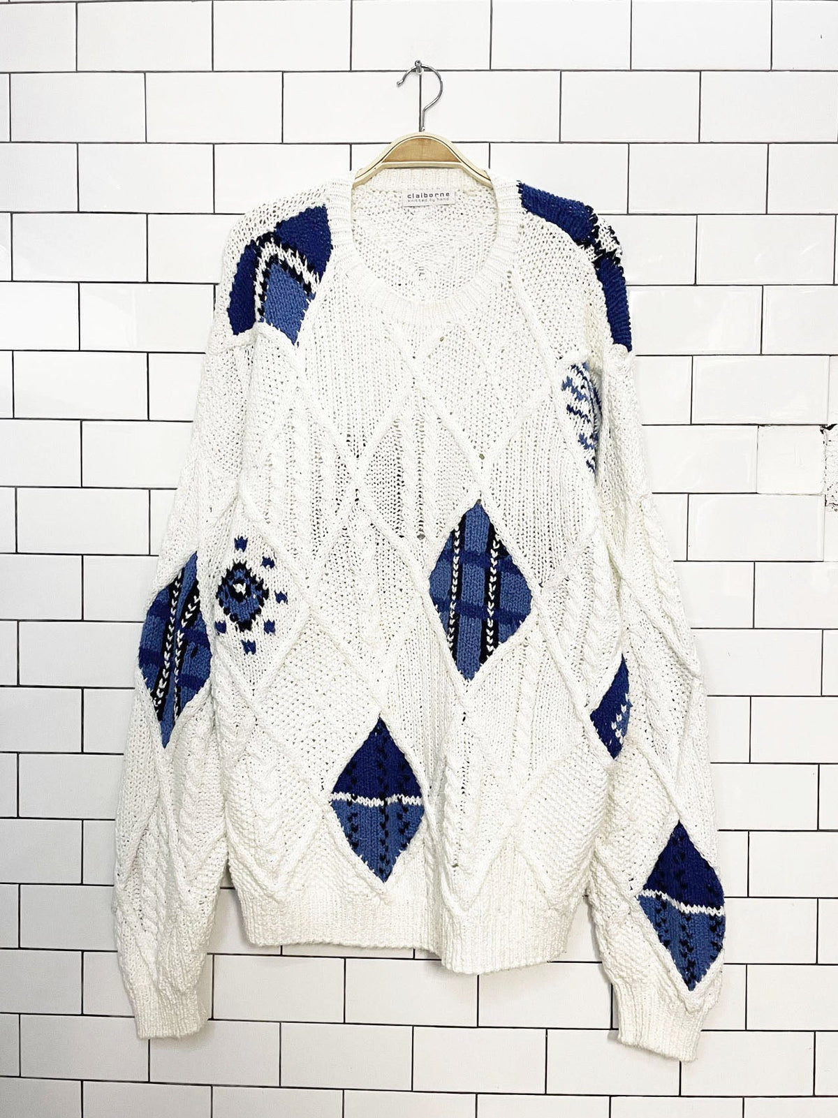 vintage liz claiborne hand-knit chunky argyle sweater