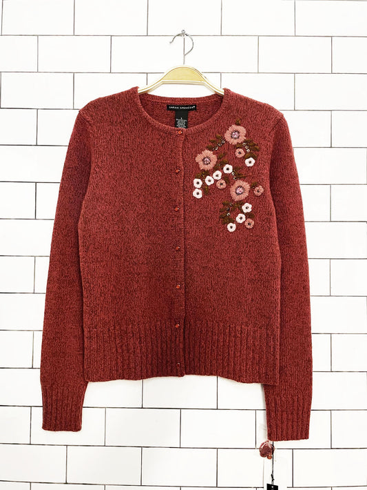 nwt vintage 00s sarah spencer wool-blend floral embroidered cardigan