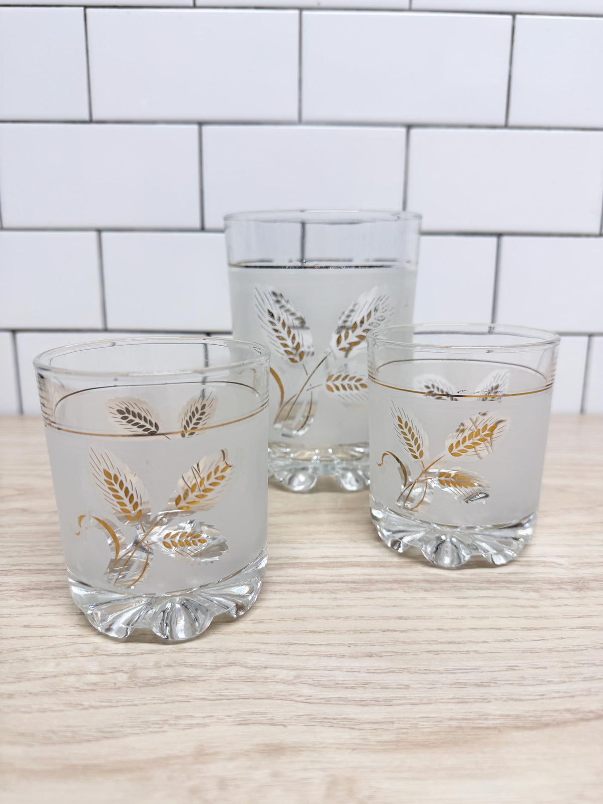 x3 vintage made in Italy gold wheat frosted rock glass + ice bucket