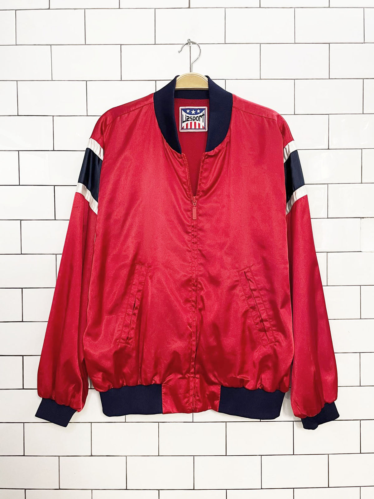 vintage 90s lizsport satin varsity stripe bomber jacket | liz claiborne