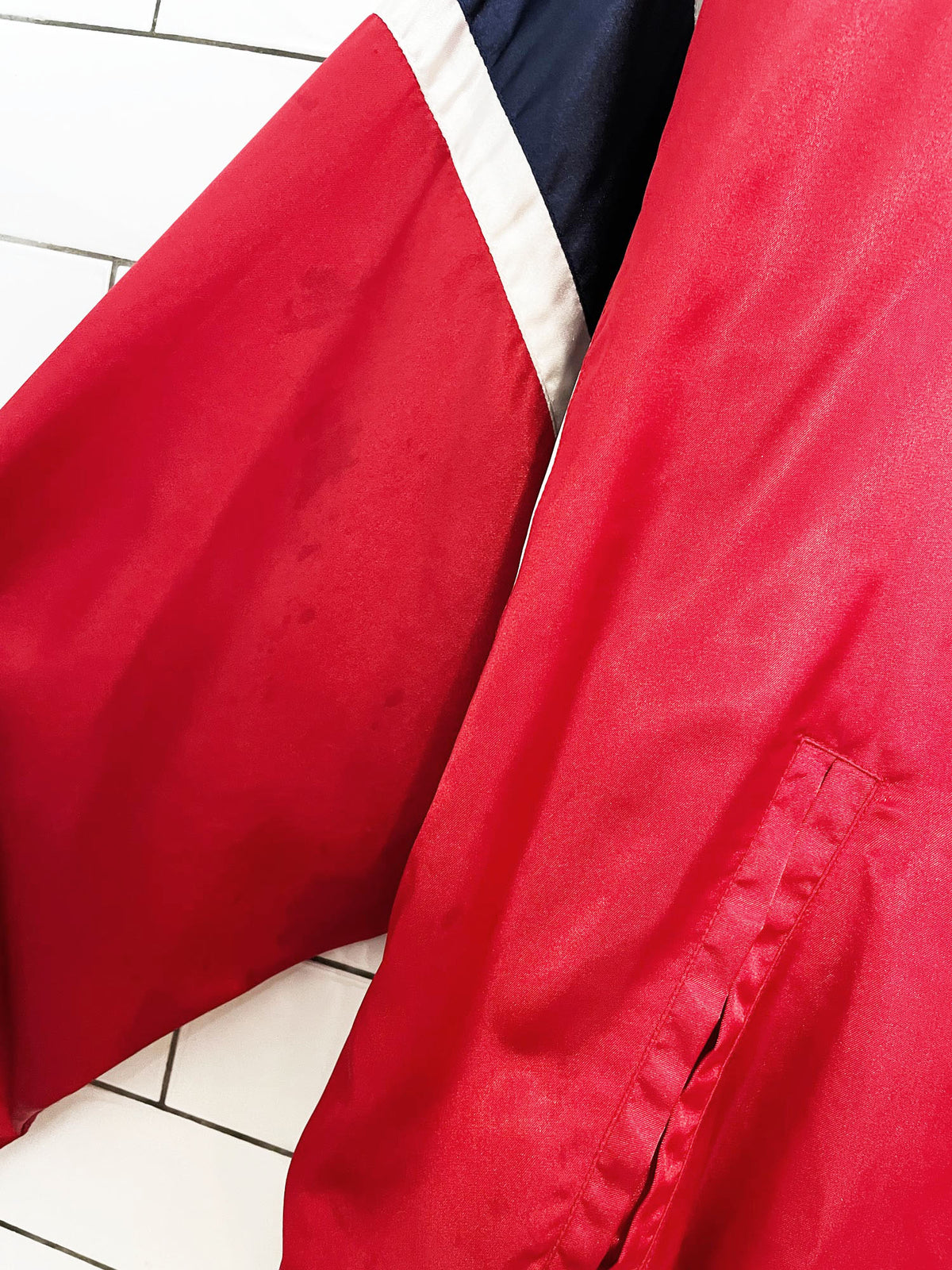 vintage 90s lizsport satin varsity stripe bomber jacket | liz claiborne