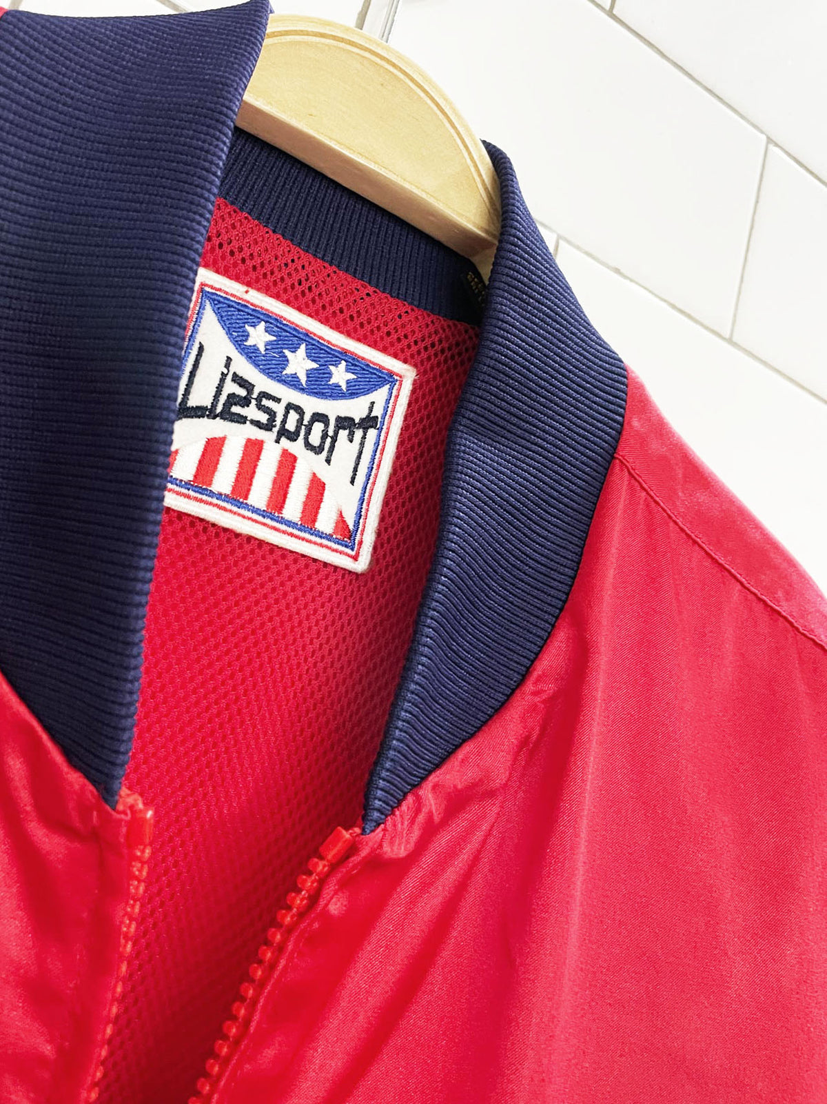 vintage 90s lizsport satin varsity stripe bomber jacket | liz claiborne