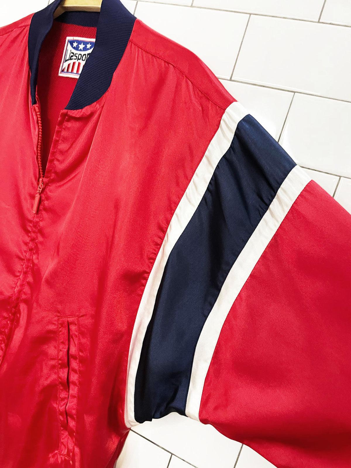 vintage 90s lizsport satin varsity stripe bomber jacket | liz claiborne